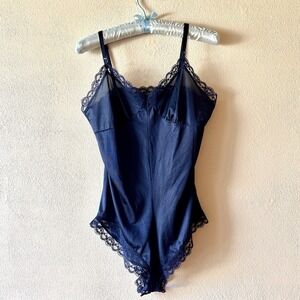 Vintage Y2K Navy Satin Lace Teddy Bodysuit Made in USA Lingerie Snaps Minimalist